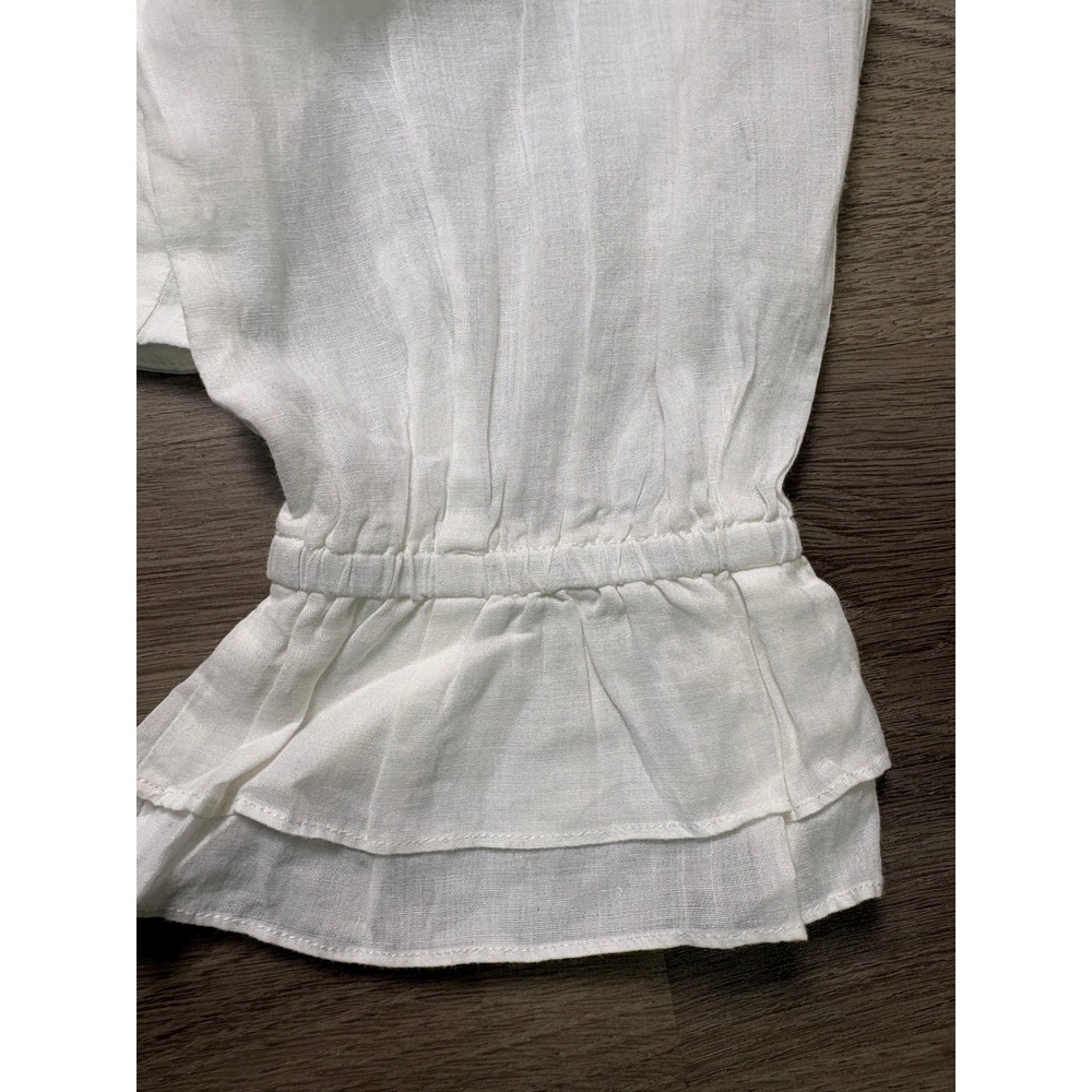 Zara White Ramie Tie Front Crop Blouse Ruffle Cuff Long Sleeve L Boho Feminine - Picture 12 of 13